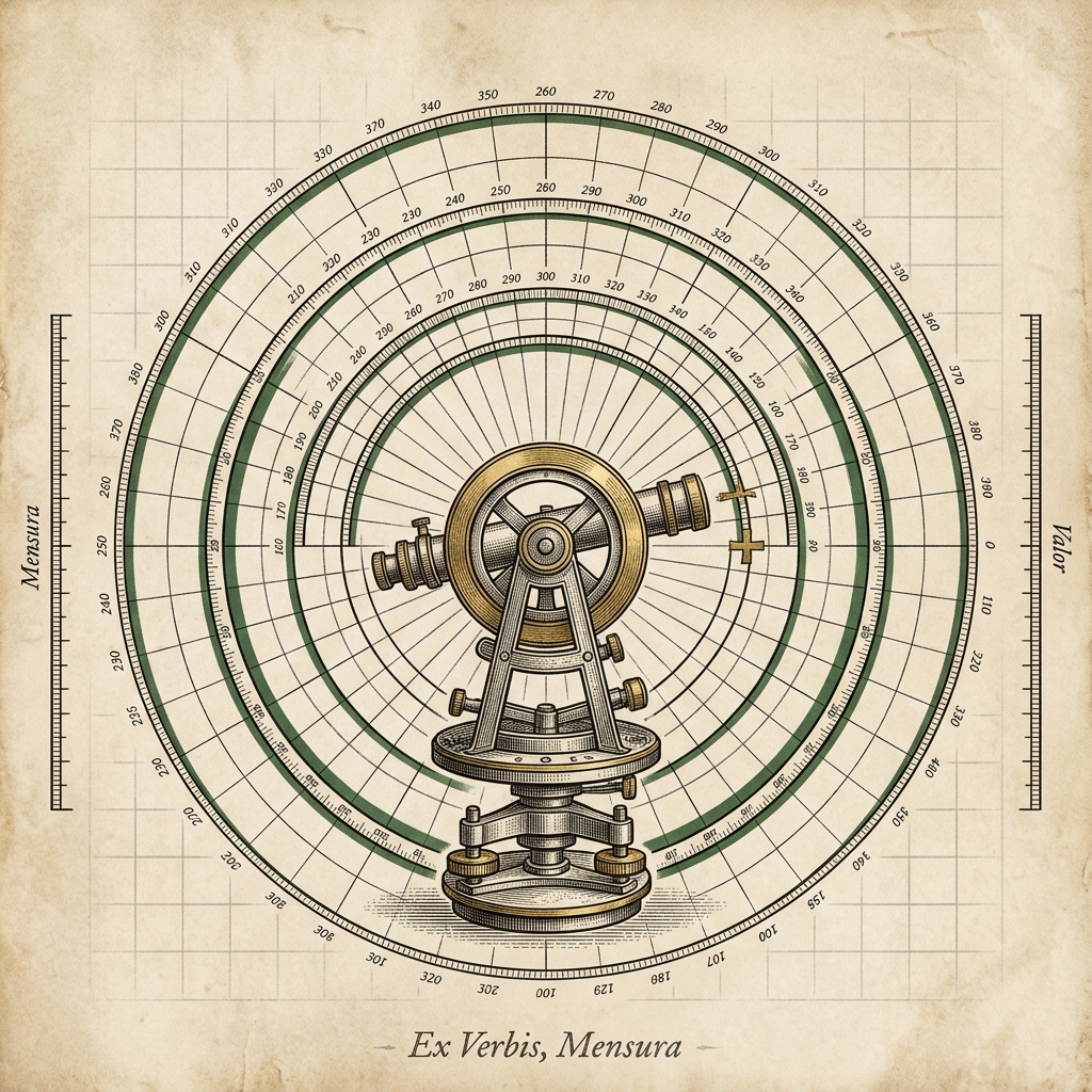 Ex Verbis, Mensura — antique theodolite survey instrument with measurement arcs