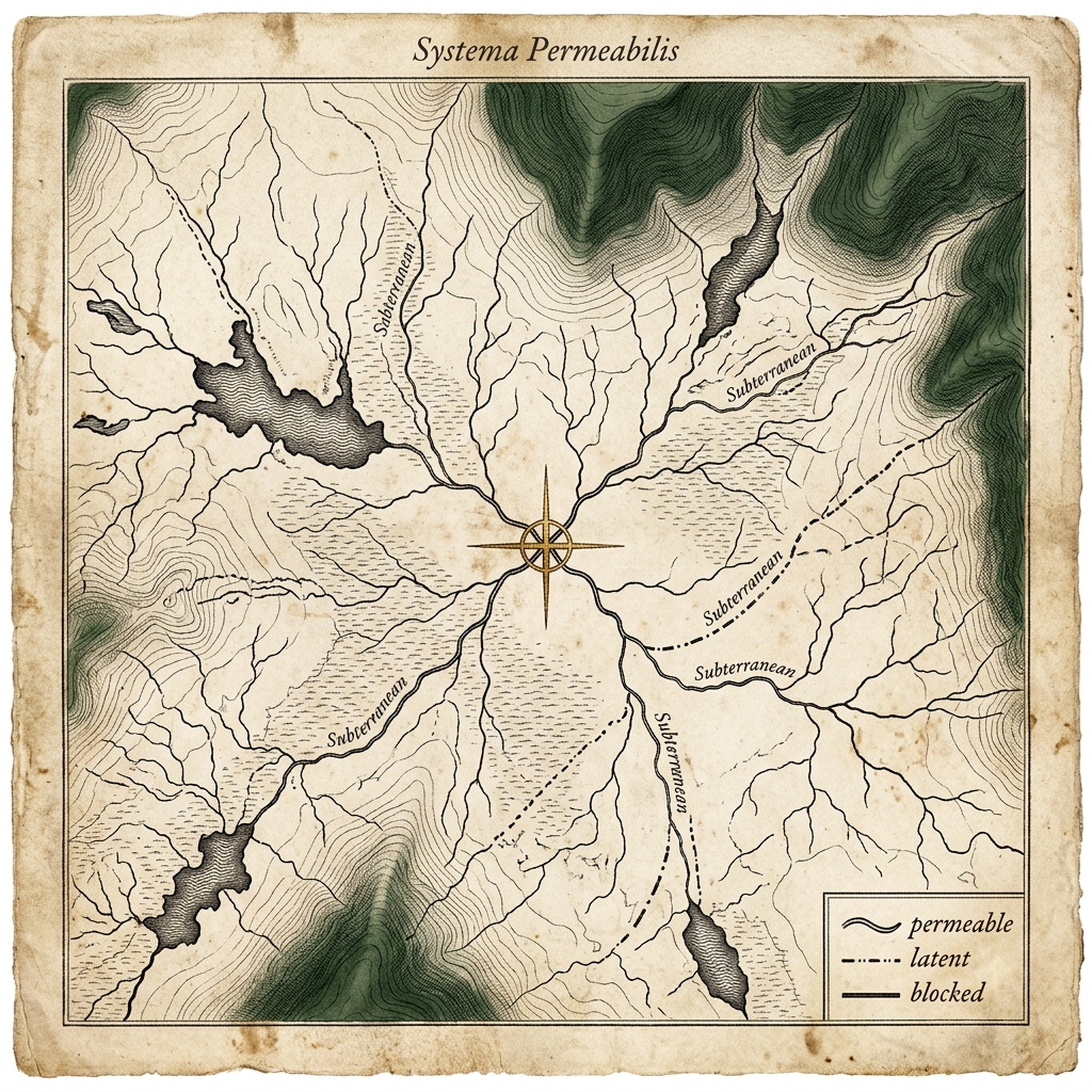 Systema Permeabilis — antique hydrographic map of converging knowledge rivers
